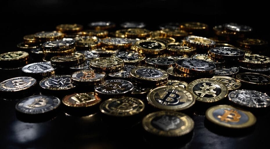 Photographic close-up of shining metallic tokens on a dark surface.