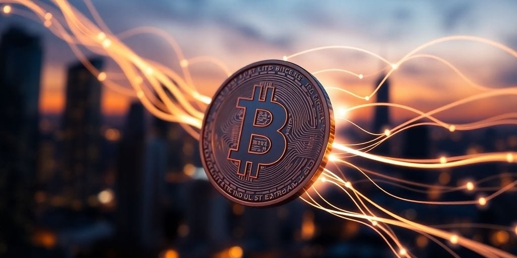 Digital currency coin with flowing streams of light.