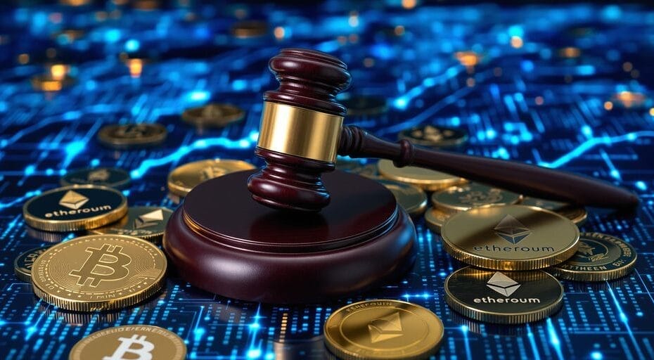 Judge’s gavel with cryptocurrency coins and blockchain background
