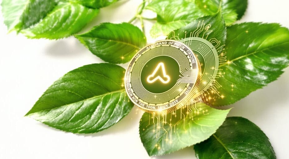 Algorand coin above green leaves and digital circuitry