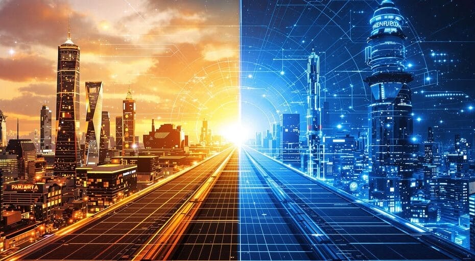 Two futuristic cities divided by a digital barrier