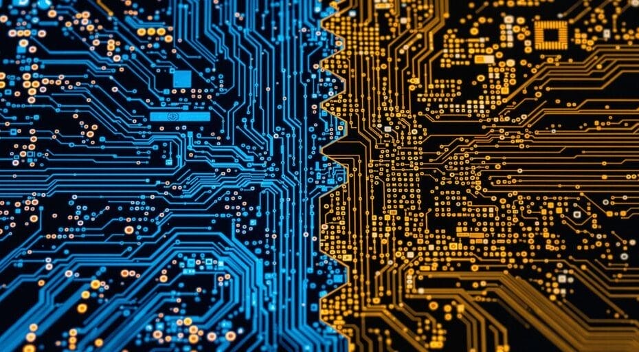Two stacked digital circuit boards with blue and gold lighting.