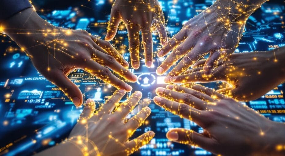 Interconnected hands forming a circle over digital background.