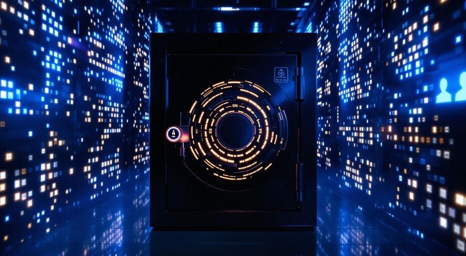 Secure digital vault with glowing blockchain nodes