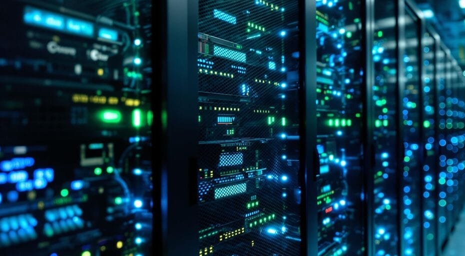 Multiple servers with glowing cables in a high-tech data center