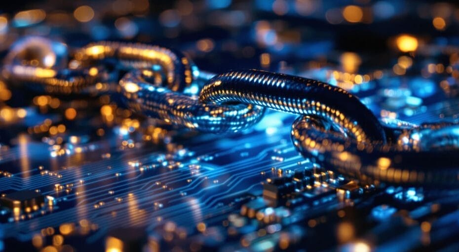 Metallic chains linked to a digital circuit board