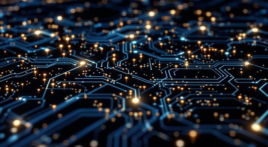 Interconnected circuit boards with glowing links on dark background.