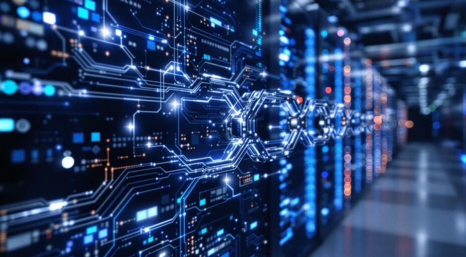 Interconnected chains meet glowing digital circuits in server room.