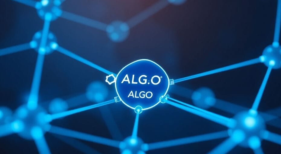 Futuristic digital network with interconnected nodes and glowing blue.