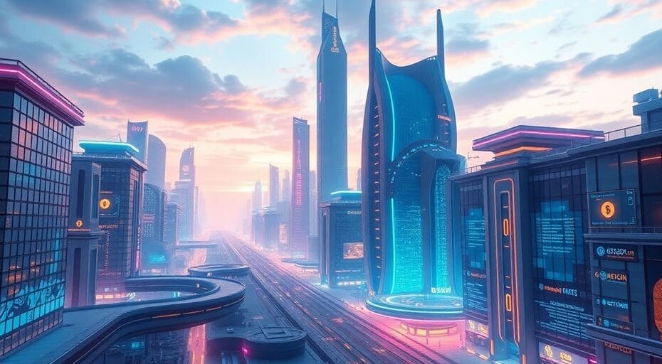 Futuristic cityscape with digital currency elements in focus.