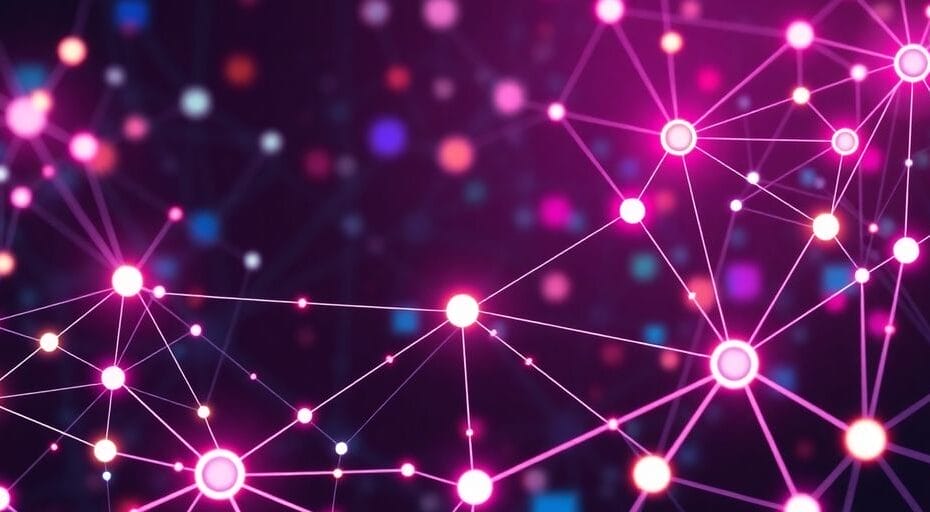 Interconnected blockchain nodes in a digital landscape.