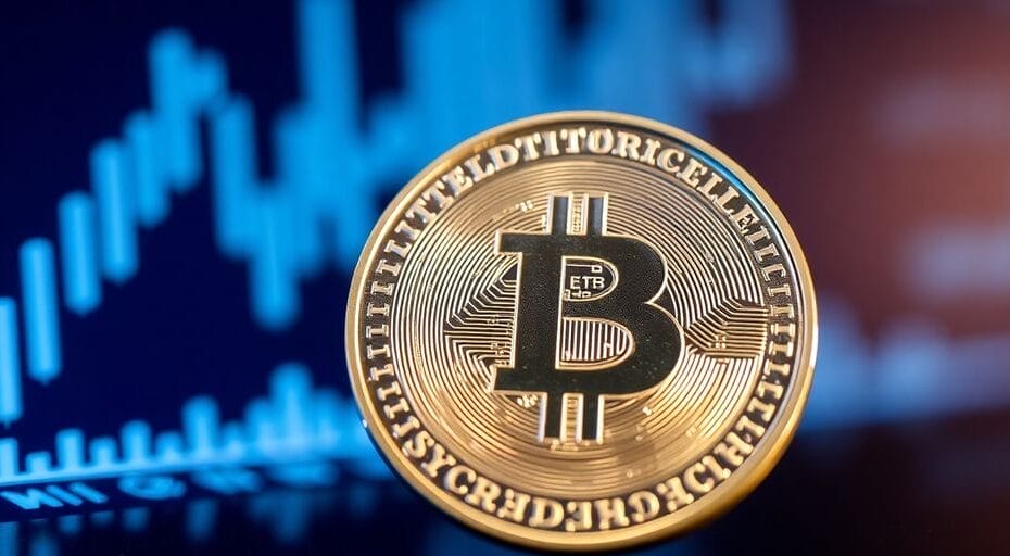 Close-up of a Litecoin coin on a digital background.