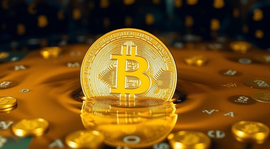 Bitcoin coin in liquid gold with digital currency symbols.