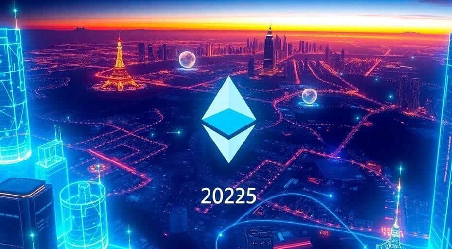 Ethereum Classic logo amidst a futuristic digital landscape.