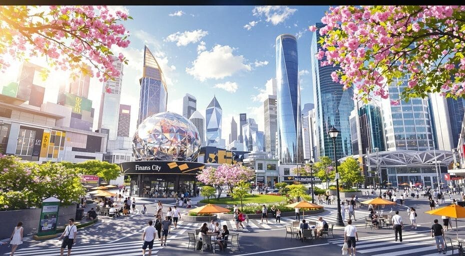 Vibrant urban scene with modern architecture and active street life.