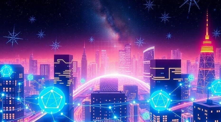 Futuristic cityscape illustrating connected blockchain technology and networks.