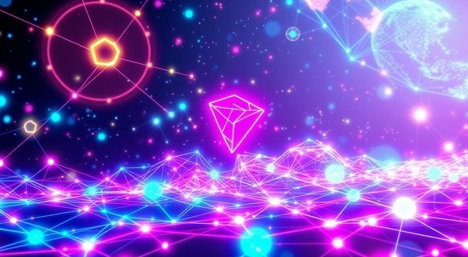 Futuristic digital landscape with blockchain and nodes.