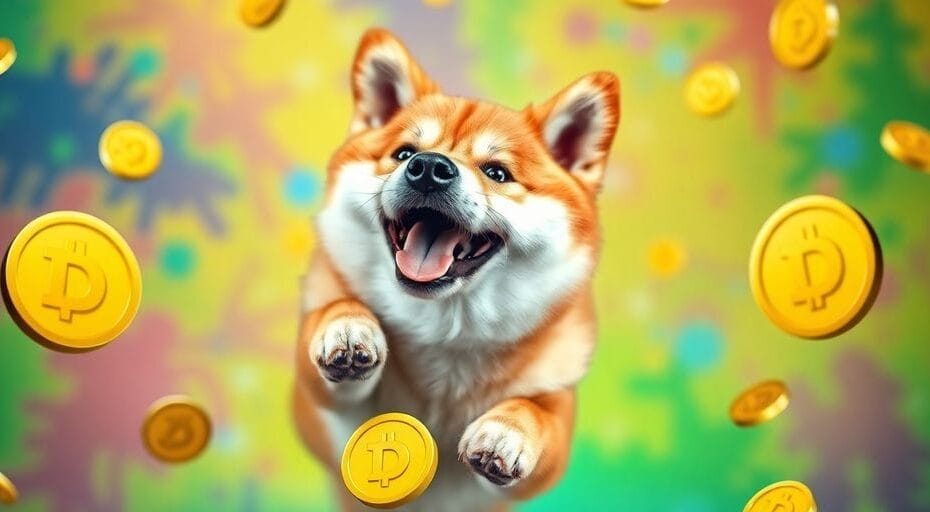 Shiba Inu with Dogecoin coins in a colorful background.