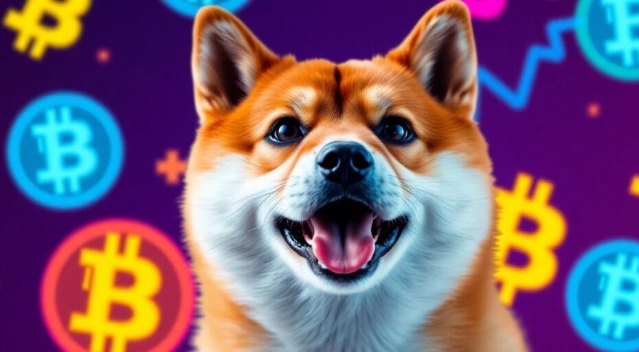 Shiba Inu dog with cryptocurrency symbols in background.