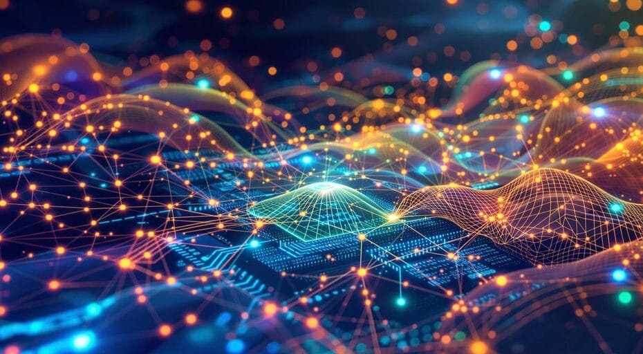 Digital landscape of interconnected nodes representing decentralized finance.