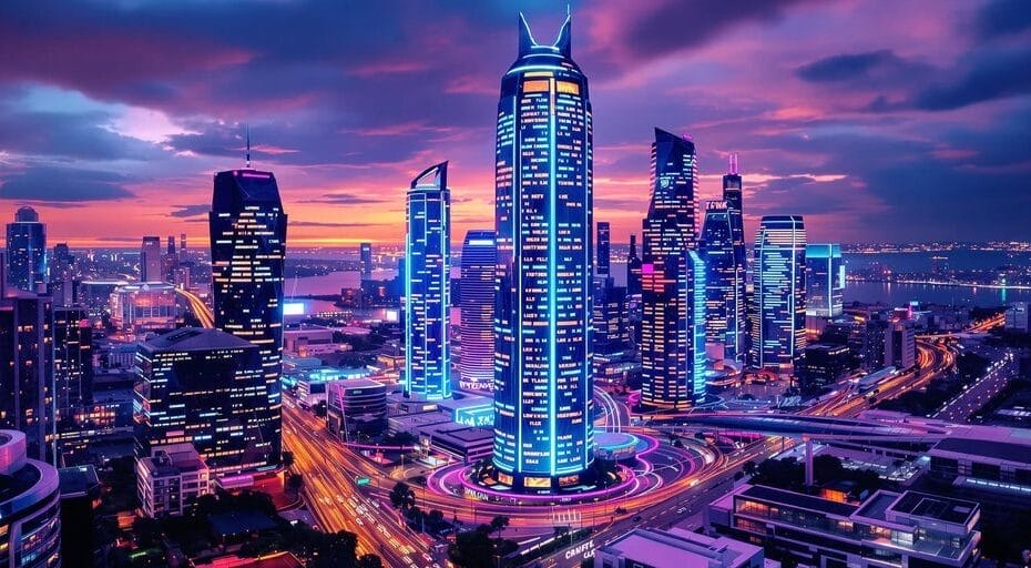 Futuristic cityscape glowing with neon and sleek modern reflective architecture.