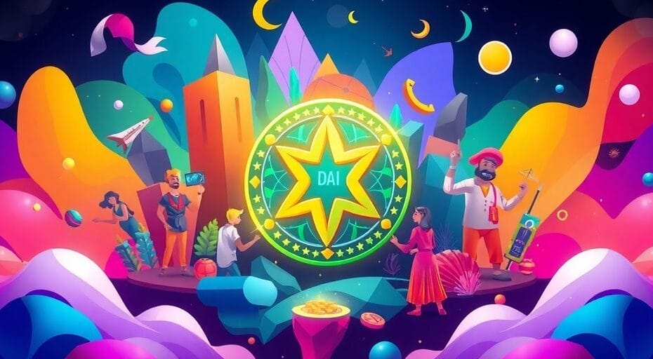 Stylized Dai token with cultural and technological elements.