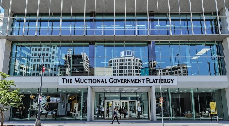 Photograph of modern government building with professional in urban setting.