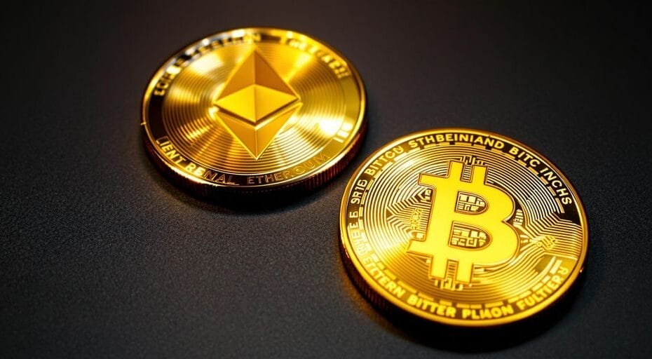 Photographic view showcasing golden Bitcoin and sleek silver Ethereum coins.